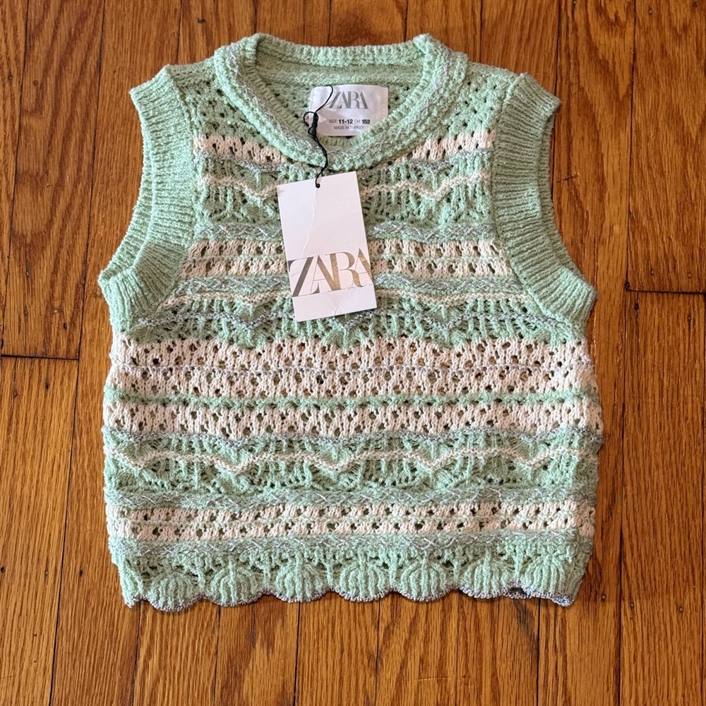 NWT Zara Kids Crochet Knit Green & White Cropped Sweater Vest – Size 12